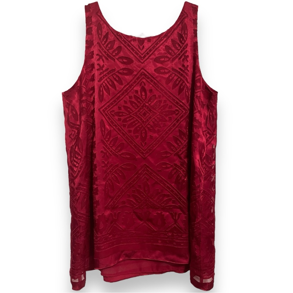Red Max Studio Sheer Geometric Floral Tribal Sleeveless Tunic Wide Strap Blouse